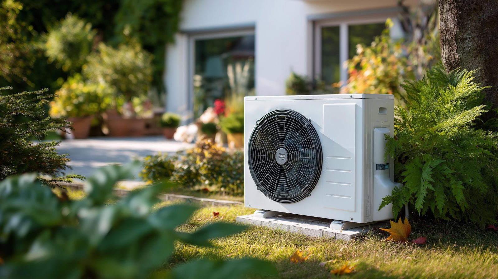Unidad exterior de una bomba de calor en el jardín de una vivienda