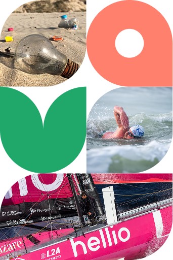 Composición visual de Hellio Impact: bombilla en la playa, nadador y velero del Vendée Globe